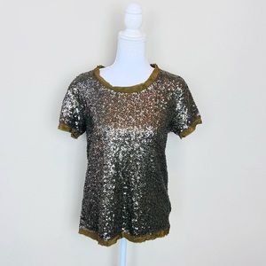 J. Crew Olive Green Sequin Embellished Short Sleeve Shirt Blouse